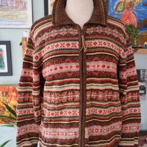 Tiara International Y2K Full Zip Knit Sweater Pink Brown Fair Isle Women’s M